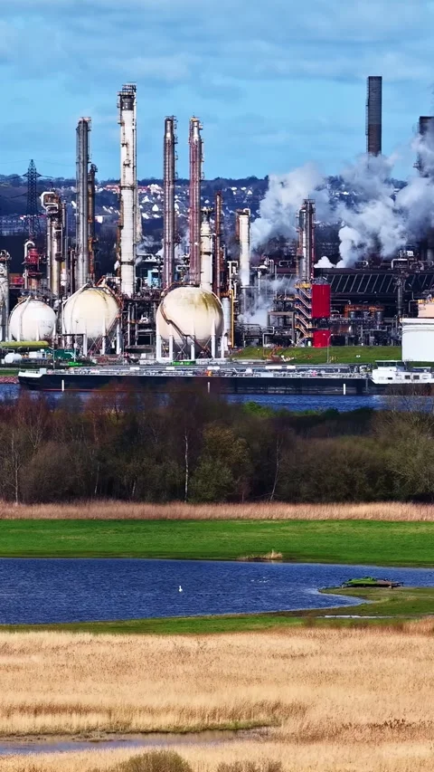 Wide Shot of Industrial Refinery Complex With Storage Tanks and Smoke Stacks by Stock Footage 336237547