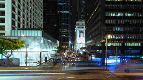 Wide shot of intersection in the central district of big city. Nightlife of fast Stock Footage 116230498