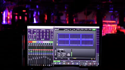 Wide shot of lighting control system display in concert. Stock Footage 94472880