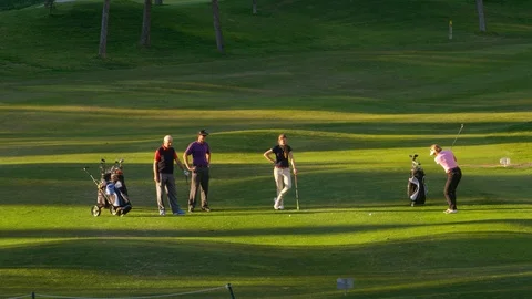 Wide Shot, Lockdown, 10 Seconds Or Greater, Sport, Golf, Golf Course, Swinging, Stock Footage 94114250