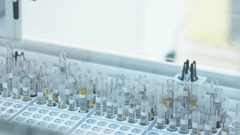 Wide shot of many empty test tubes standing in trays while one tube is being Stock Footage 233072406