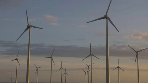 Wide shot of many wind generators working. Stock Footage 97464715