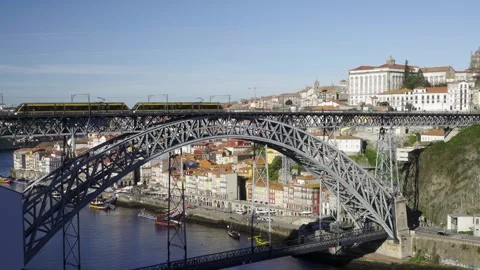 Wide shot of the metallic bridge spanning the Douro river valley. Stock Footage 327624780