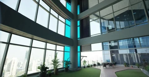 Wide shot of modern office interior with city view. Stock-Footage 330239696