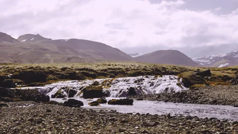 Wide Shot of Mountain Ranges, Streaming Waterfalls on the Clear Skies, Iceland Stock Footage 156892103