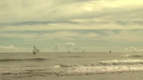 Wide shot of multiple sailboats distancing themselves from land 3 Stock-Footage 19182435