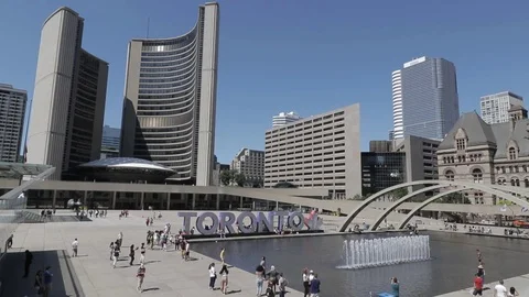 Wide shot of Nathan Phillips Square and City Hall Stock Footage 77446544