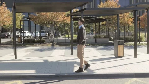 Wide shot of one man pacing and waiting in a sunny autumn park, surreal style. Video stock 331820122