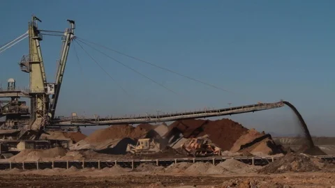 Wide shot of an operating depositor at a coal mine in northern Greece Video stock 121007591
