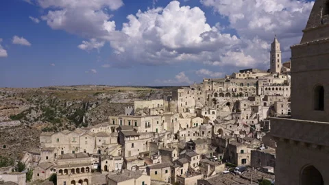 Wide shot over the Sassi district in Matera, Italy. Version 1 Stock Footage 281117117
