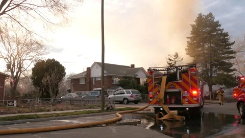 Wide Shot Pan Left Fire Fighters On Scene Stock Footage 97702914