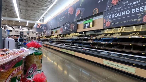 Wide Shot of People Walking in Empty Grocery Store During Coronavirus Pandem Stock Footage 126479809