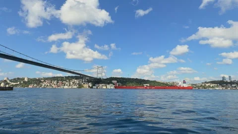 Wide Shot of Red Cargo Ship Under the Bosphorus Bridge Stock Footage 340914882