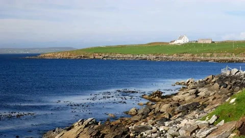 Wide shot of a remote, isolated bay in Shetland, Scotland, UK Stock Footage 140736468