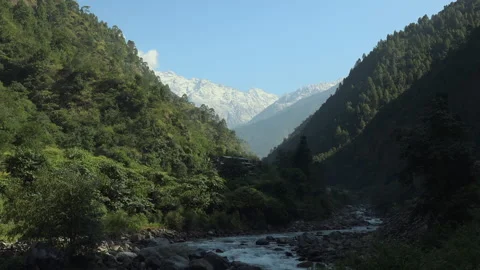 Wide shot of river between mountains, Dolakha, Nepal Stock Footage 139688197