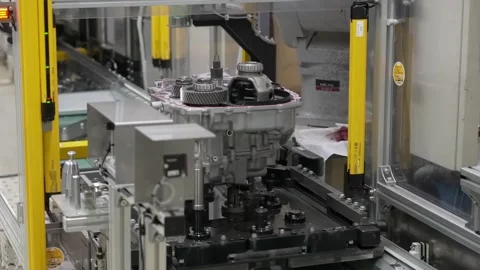 Wide shot of a robotic assembly station showcasing a transmission unit moving Stock Footage 332918141
