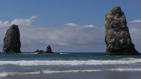 Wide Shot Rocks On Beach Haystack Rock Cannon Beach Video stock 95140277