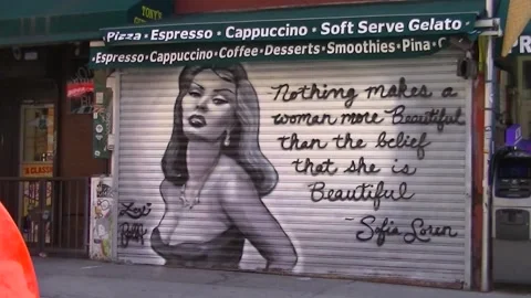 Wide shot of Sofia Loren mural and quote Little Italy NYC Video stock 234265399