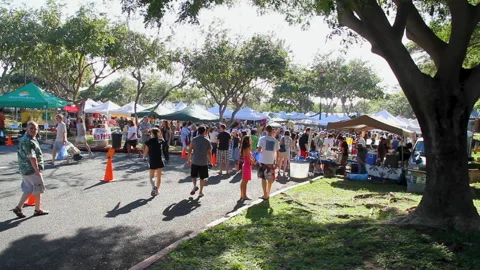 Wide-shot static of crowd of people entering a sunny, outdoor farmers market. Stock Footage 272344591