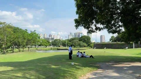 Wide shot of students relaxing on the grass by Intramuros golf course 4K Vídeos de archivo 337458617