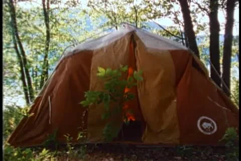 Wide shot of tent collapsing in forest Vídeos de archivo 11357097