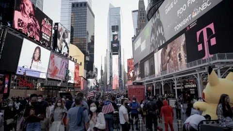 Wide shot of Time Square during 2020 presidential election celebration Stock Footage 142724206