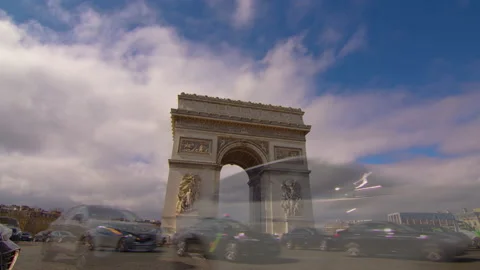 Wide shot of the timelapse of traffic at Arc de Triomphe. This historical Stock Footage 237382428
