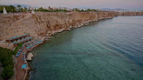 Wide shot of top view on closed beach at evening time. Stock Footage 331157571