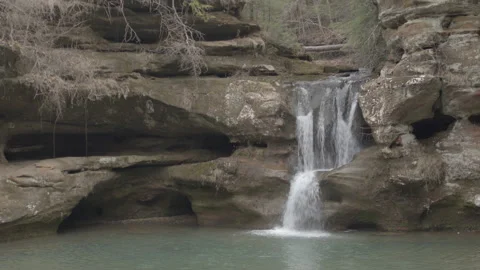 Wide shot of waterfall flowing down rocks into pool ProRes444 Stock Footage 266151247