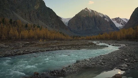 Wide Siberian Mountain River Landscape With Mountain Road And Car Passing Stock Footage 70960186