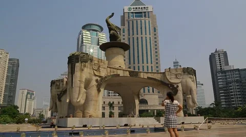 Wide Side Shot of Five Elephant Statue in Nanning, China Stock-Footage 43345735
