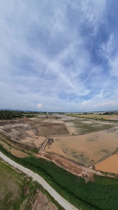 Wide sky above patchy fields and paths Stock Footage 345408964