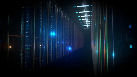 Wide slow deliberate horizontal pan across a massive data center, 4K Stock Footage 338215581
