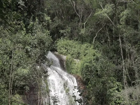 Wide slow motion shot of waterfall flowing onto rocks / South Africa Stock Footage