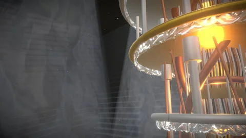 Wide slow vertical crane upward movement exploring a quantum computer core, 4K Stock Footage 340410425