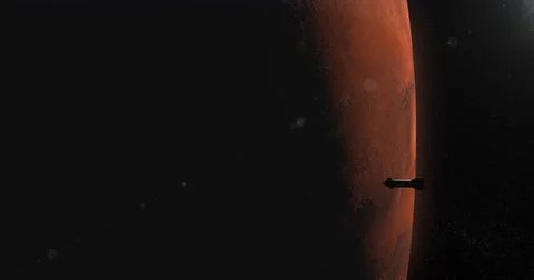 WIDE Spaceship rocket approaching planet Mars surface, space colonization 스톡 일러스트