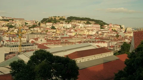 Wide static clip across the rooftops of central Lisbon Stock Footage 118371925