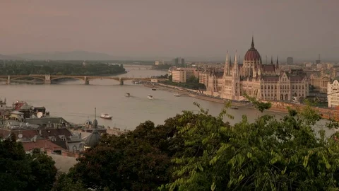 Wide static elevated shot of Hungarian parliament Stock Footage 82682046