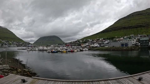 Wide static shot of Klaksvik harbor and marina from a wooden pier, Faroe Islands Stock Footage 340082444
