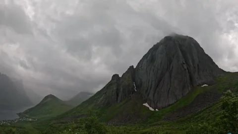 Wide static view of iconic Segla mountain peak and fjord valley in Senja Norway Vídeos de archivo 342059368