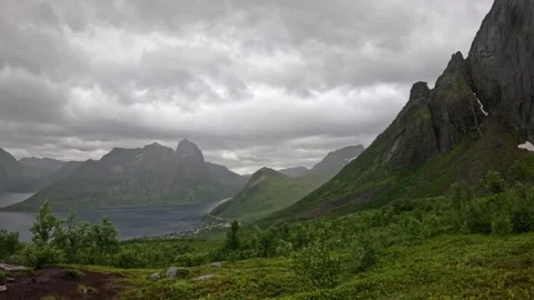 Wide static view of iconic Segla mountain peak and fjord valley in Senja Norway Stock-Footage 342059391