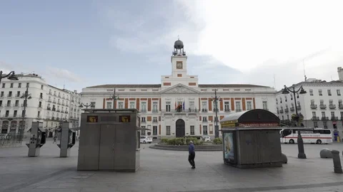 Wide steady shot of empty Puerta del Sol in Madrid Stock Footage 127607380