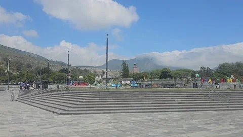 Wide Stone Steps and Open Plaza with Mountains, Mitad del Mundo, Quito, Ecuador Stock Footage 331490079
