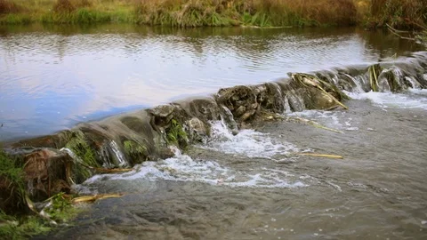 A wide stream of water flows through large stones. A transparent mountain stream Stock Footage 116888301