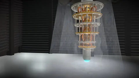 Wide sweeping diagonal pull-back unveiling a quantum computer core, 4K Stock Footage 340409919