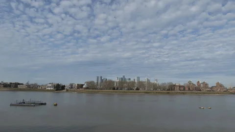 Wide Thames river landscape under a sky full of puffy clouds.  Stock Footage 330175973