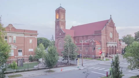 A Wide Timelapse at Sunset of Incarnation Catholic Church in South Minneapolis Stock Footage 144398905