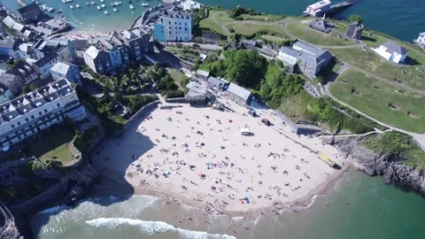 Wide Top Down View Of Tenby Beach 스톡 동영상 245758336