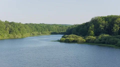 Wide tranquil view of Lac du Bourdon in France, featuring lush green forests and Stock Footage 346665817