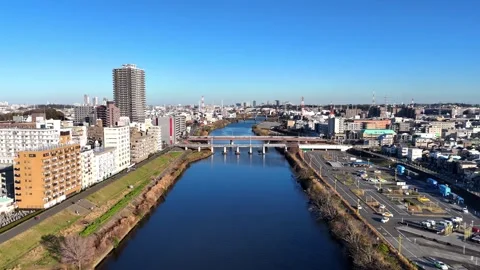 Wide Tsurumi River And Bridges - 4K Aerial Video Stock Footage 329056753